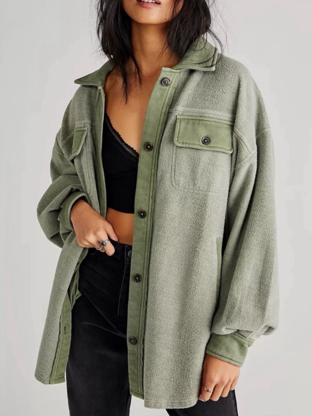 We the Free People Green Ruby Fleece Collared Button Shirt Jacket Shacket XS NEW